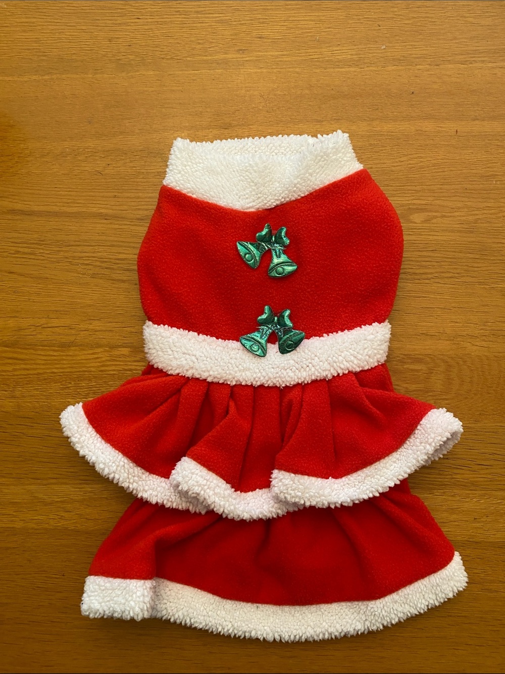 Festive Red & White Ruffle Dog Dress with Green Bell Accents